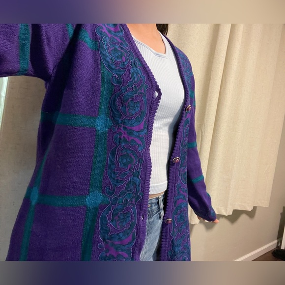 Vintage Anne Crimmins for Umi Collection Purple Cardigan Large Plaid Checked - Picture 2 of 5